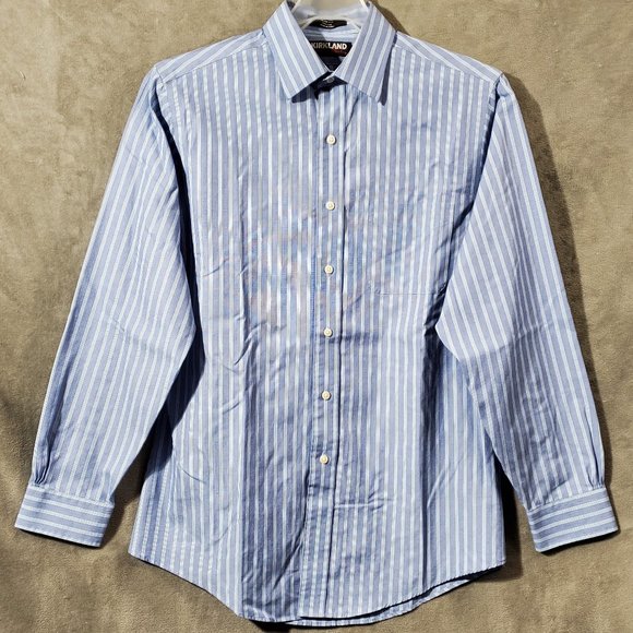Kirkland Signature Slim Fit 100% Cotton Dress Shirt Blue Striped Size 15… - Picture 1 of 12